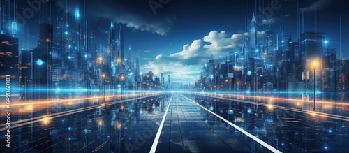 depiction of trail lights and building light reflections in a futuristic city at night representing technology cyberpunk fintech big data 5G network and AI with copyspace for text