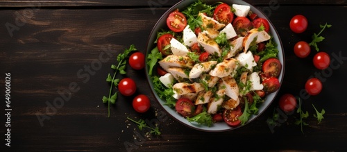 Chicken mozzarella and cherry tomatoes on a salad seen from above with copyspace for text