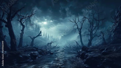 Scary dark wood, spooky dry trees and blue mist in mystic fairy forest