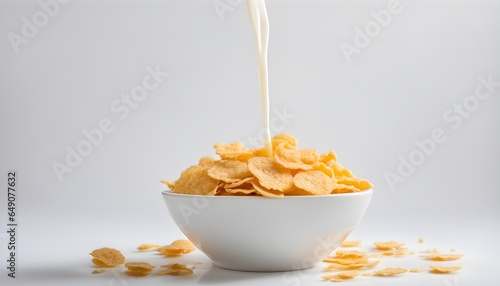 Corn flakes with milk falling in white bowl isolated on white background.