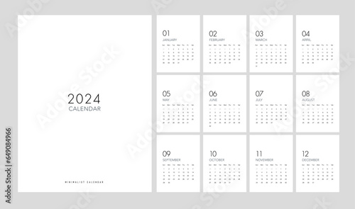 Calendar 2024 Trendy Minimalist Style. Set of 12 pages desk. 2024 minimal calendar planing vector for printing template