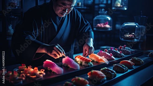 Japanese chef cooking and making Sashimi and Sushi in the kitchen in dramatic dark background.