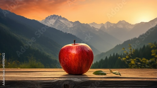 apple on a table in front of a mountain at sunset