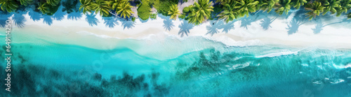 Aerial view of a tropical beach with palms, white sand and crystal clear turquoise ocean water washing the shore
