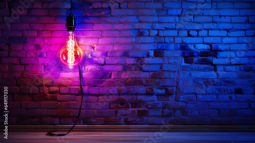 light bulb on wall, Neon lights with a modern twist creating a striking contrast against an antiquated grunge brick wall room background,Ai Generate 