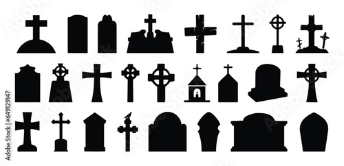 Tombstones, Headstones, Gravestone And Crosses Silhouettes Set.