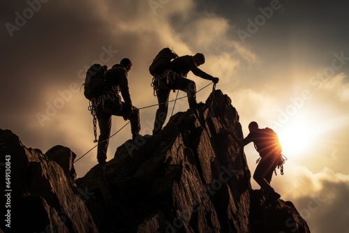 Silhouette of a group of climbers reaching the top of a mountain, Climbers helping another climber to climb up, Rear View, No visible faces, AI Generated