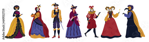People in carnival costumes or dresses. Traditional Venetian masquerade. Masked participants. Italian renaissance style. Festival parade. Performance elegant clothing. Garish vector set