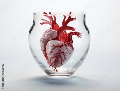 replica of a human heart in a glass cup on a white background, AI generative