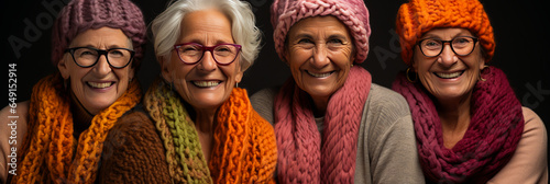 Vibrant gathering of delightfully joyful grandmothers in cozy, hand-knitted woolen sweaters. Displaying unity and warmth during a traditional knitting circle on a plain background.