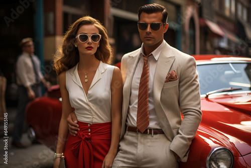 couple standing beside a vintage luxury car, their old money-inspired outfits harmonizing with the classic automobile, symbolizing a bygone era of glamour and refinement