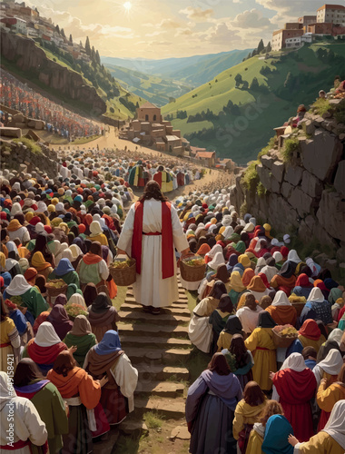 painting illustration of Jesus feeding five thousand people