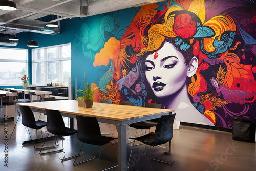 A vibrant artist's mural serves as a focal point in an open space office, inspiring creativity and sparking conversations