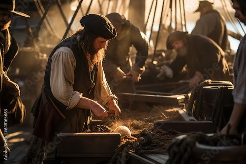 Pirate crew members diligently swab the deck, maintaining the condition of their ship while sailing across the ocean