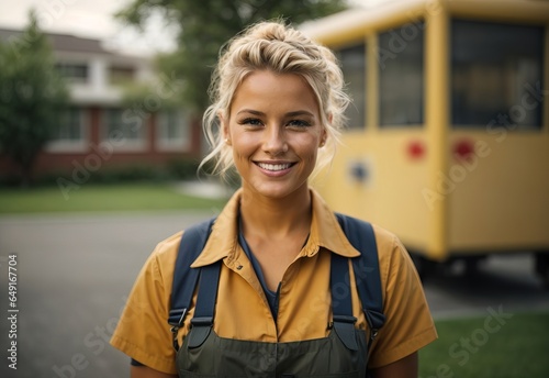 Bussines blonde women school janitor smiling wearing janitor outfit with schoolyard in the Background