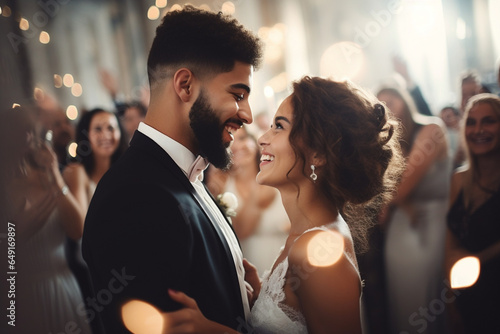 Beautiful Bride in White Dress and Groom in Stylish Black Suit Celebrate Wedding at an Evening Reception Party, Newlyweds Dancing at a Venue with Best Multiethnic Diverse Friends