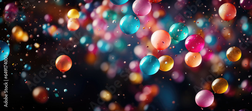 A customizable wide-format festive background image for creative content featuring colorful balloons drifting in the air against a blurred background. Photorealistic illustration
