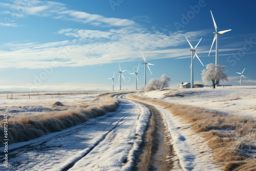 Wind farm of a power plant on background of winter landscape of nature