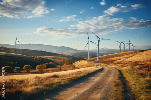 Wind farm of a power plant on background of autumn landscape of nature