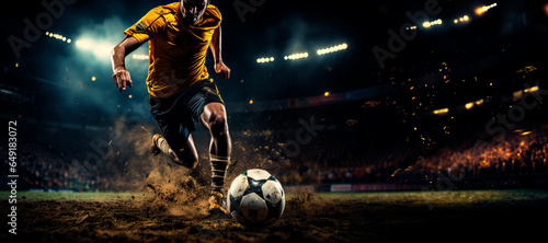 panorama of soccer player kicking towards goal in football stadium at night