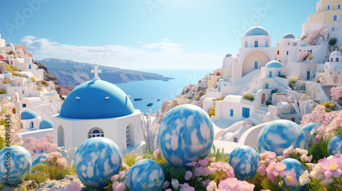 Easter holiday time in Santorini Greece background in paper art and craft design concept. Created using generative AI.