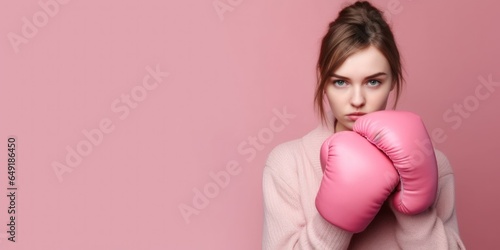 Fragile weak looking young woman with pink boxing gloves. Wide banner copy space. Generative AI.