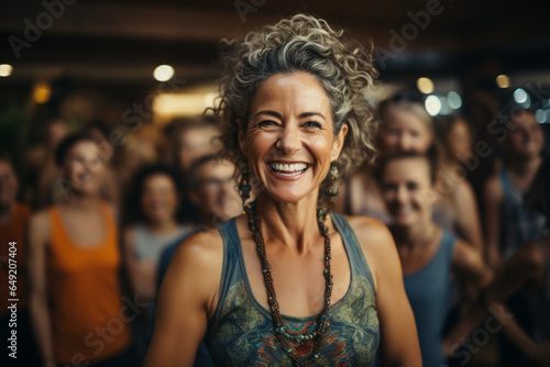 Middle-aged women enjoying a joyful dance class, candidly expressing their active lifestyle made with AI