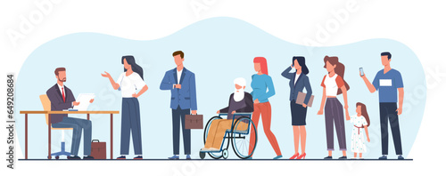 Waiting line of people to an official or secretary, men and women in queue handing over documents. File clerk or receptionist, administrator. Cartoon flat style isolated vector concept