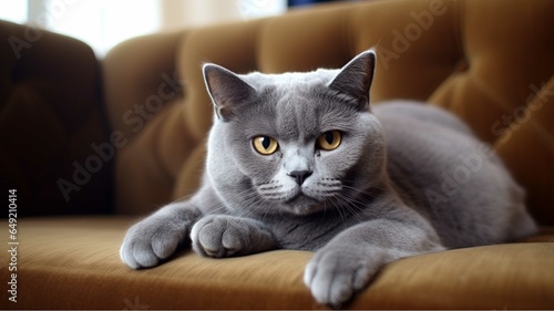 Cute cat lying on sofa at home, closeup. Lovely pet