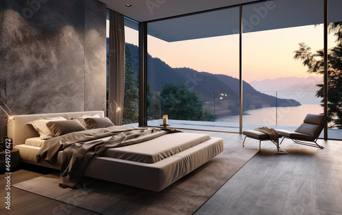 Modern cosy villa bedroom interior in a minimal style. luxury Glass house in the mountains. Magnificent sea or lake view from the bedroom of a modern villa on a sunrise