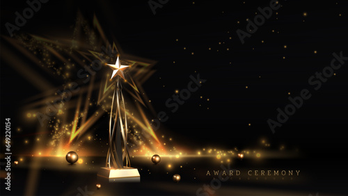 Trophy gold star on podium with ribbon elements and glitter light effects decorations and bokeh. Luxury black award ceremony background. Vector illustration.