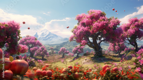 Explore a magical orchard transformed into a surreal wonderland Art. Immerse yourself in a world of oversized, vibrant fruits and dreamlike landscapes.