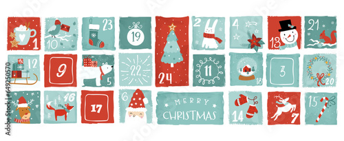 Cute hand drawn Christmas advent calendar. Lovely doodle drawings, vector design