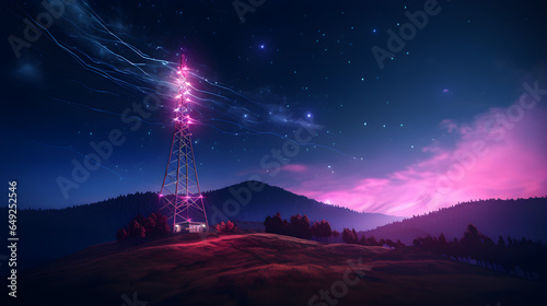 A telecom Tower with glowing lines in pink& blue flowing from left to right, Dark Image, Realistic photo, tower in the mountains, aurora borealis over the mountains
