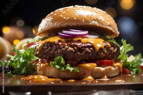 Burger beef big size with vegetable and tomato ketchup, cheesy hamburger mouthwatering tasty delicious on a plate.
