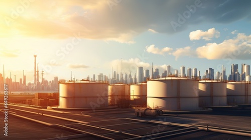 Industrial fuel storage, energy reserves, tank farm, petrochemical sector, storage capacity, industrial scene. Generated by AI.