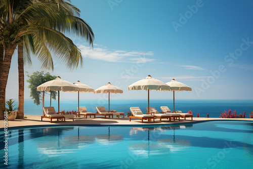 Beautifull luxury swimming pool near beach front, looking sea view and morning time background 