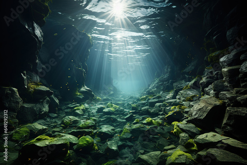 Underwater scene with dark cave and sun rays. 3d rendering. 