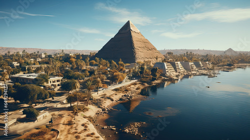Egyptian pyramids and city on the Nile river. Aerial view from above.