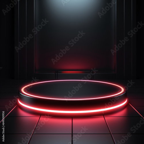 Black Friday Sale Concept. Circle black podium, decoration with neon light white round design on dark background, ai technology