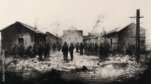 Dark WWII prison camp with prisoners as silhouettes illustration (1939-1945)