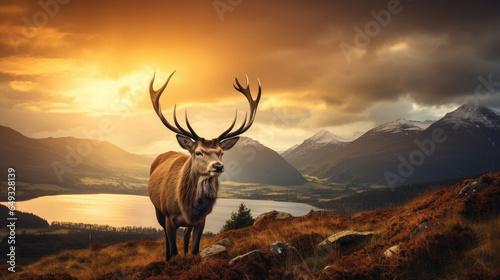 Dramatic sunset with beautiful sky over mountain range giving a strong moody landscape and red deer stag looking strong and proud