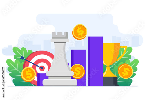 Business and marketing strategy concept flat vector illustration template, Strategic planning and tactics in business, Analyzing project, Financial report, strategic thinking, Analytics in Finance