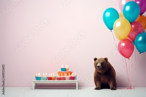 bear standing next to cake and balloons