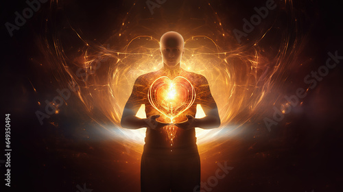 Glowing energy in the heart of a person. Concept of soul, love, kindness, spiritual practice, meditation, and energy work.