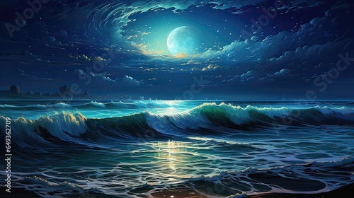 Ocean waves that gracefully reflect the moonlight on a serene night, where the meeting of earth and sky forms a soothing and captivating seascape. Moonlit reflections, serene waters. Generated by AI.