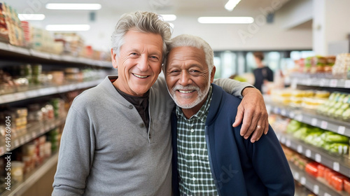 Photo of an elderly gay male couple walking in a grocery store. Grocery shopping indoors. Happy senior gay couple doing groceries shopping. Retired gay couple.