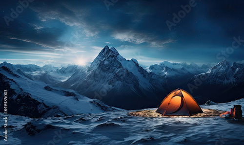 Illuminated tent in snowy mountains under a starry sky.
