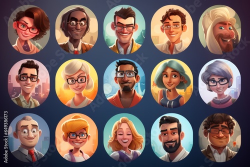 a set collection of cartoonish minimalistic simple design drawn people illustration profile picture avatars in circles for a game application. Generative AI