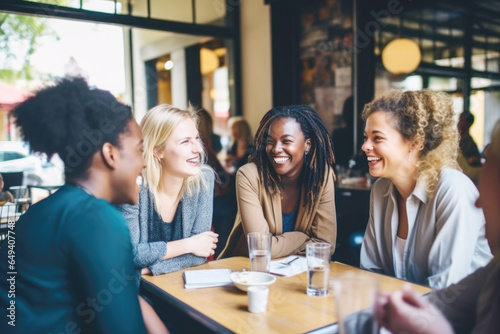 Happy smiling female friends sitting in a café laughing and talking during a lunch break